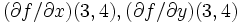 (\partial f/\partial x)(3,4), (\partial f/\partial y)(3,4)