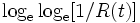 \log_{\rm e} \log_{\rm e}[1/R(t)]\, 