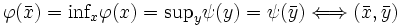 \varphi{(\bar{x})}=\mbox{inf}_{x}\varphi{(x)}=\mbox{sup}_{y}\psi{(y)}=\psi{(\bar{y})}
        \Longleftrightarrow (\bar{x},\bar{y})