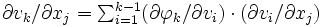 \textstyle {\partial v_k}/{\partial x_j} = \sum_{i=1}^{k-1}({\partial \varphi_k}/{\partial v_i})\cdot({\partial v_i}/{\partial x_j})
