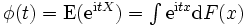 \textstyle \phi(t)=\mathrm{E}(\mathrm{e}^{\mathrm{i}tX})=\int \mathrm{e}^{\mathrm{i}tx} \mathrm{d} F(x)\,