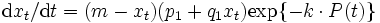
\mathrm{d}x_{t}/ \mathrm{d}t=(m-x_{t})(p_{1}+q_{1} x_{t})
{\exp \{-k \cdot P(t)\}}
\, 