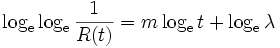 
\log_{\rm e} \log_{\rm e} \frac{1}{R(t)} = m \log_{\rm e} t + \log_{\rm e} \lambda
\, 