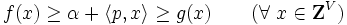 f(x) \geq \alpha + \langle p, x \rangle  \geq g(x)   \qquad  (\forall \ x \in {\mathbf Z}^{V})\, 