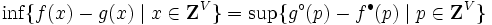 \inf\{ f(x) - g(x) \mid x \in {\mathbf Z}^{V}  \}
 = \sup\{ g^{\circ}(p) - f^{\bullet}(p) \mid p \in {\mathbf Z}^{V} \}\, 