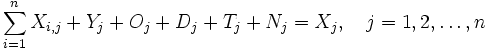 \sum_{i=1}^{n}X_{i,j}+Y_{j}+O_{j}+D_{j}+T_{j}+N_{j}=X_{j},\ \ \ j=1,2, \ldots ,n\,