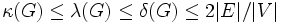 \kappa(G)\leq \lambda(G)\leq \delta(G)\leq 2|E|/|V|\, 