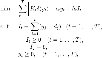 
\begin{array}{ll}
\mbox{min.} & \displaystyle{\sum_{t=1}^{T}} \biggl[ K_{t} \delta(y_{t}) + c_{t}y_{t} + h_{t} I_{t} \biggr] \\
\mbox{s. t. } & I_{t} = \displaystyle{\sum_{j=1}^{t}} (y_{j} - d_{j})\; \; \; (t=1,\ldots, T), \\
            & \quad \ I_{t} \geq 0 \ \ \ (t=1,\ldots, T), \\
            & \quad \quad I_{0} = 0, \\
            & y_{t} \geq 0, \ \ \ (t=1,\ldots, T), \\
\end{array}
\, 