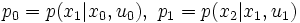 p_0 = p(x_1 | x_0,u_0), ~p_1 = p(x_2 | x_1,u_1)\,