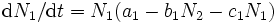 {\mathrm d} N_1/{\mathrm d}t=N_1(a_1-b_1N_2-c_1 N_1)\,