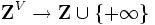  {\mathbf Z}^{V} \to {\mathbf Z} \cup \{ +\infty \}\, 