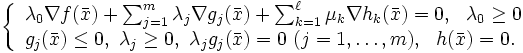 \left\{\begin{array}{l}
\lambda_0\nabla f(\bar{x})+\sum_{j=1}^m\lambda_j\nabla g_j(\bar{x})+
\sum_{k=1}^{\ell}\mu_k\nabla h_k(\bar{x})=0,\ \ \lambda_0\geq 0 \\ 
g_j(\bar{x})\leq 0,\ \lambda_j\geq 0,\ \lambda_jg_j(\bar{x})=0\  
(j=1,\dots,m), 
\ \ h(\bar{x})=0. 
\end{array}\right.