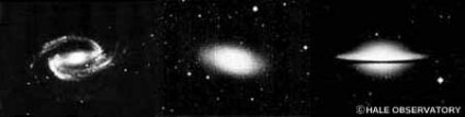 (左)棒渦巻き銀河(NGC1300)、(中)だ円銀河(NGC205)、(右)レンズ状銀河(M104ソンブレロ銀河)