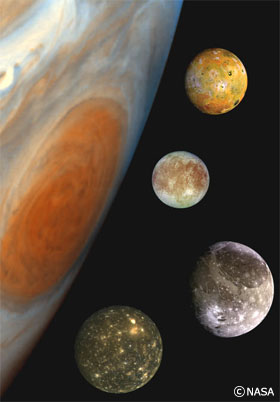 木星と、ガリレオ・ガリレイが発見したイオ、エウロパ、ガニメデ、カリストの4つ大きな衛星(イメージ)